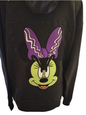 OOAK Graphic Minnie Mouse Moody Hoodie Black with Purple & Lime Print Upcycled
